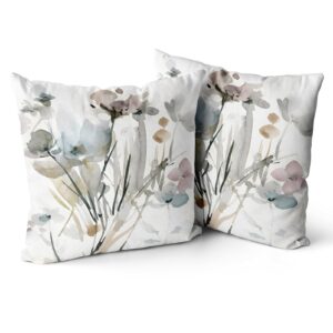 Snycler Brown Cream Grey Teal Floral Pillow Covers Watercolor Flower Couch Pillow Cases Rustic Abstract Modern Throw Pillows Set of 2 Farmhouse Home Decor for Room Bedroom Bed Cushion Outdoor 20x20''