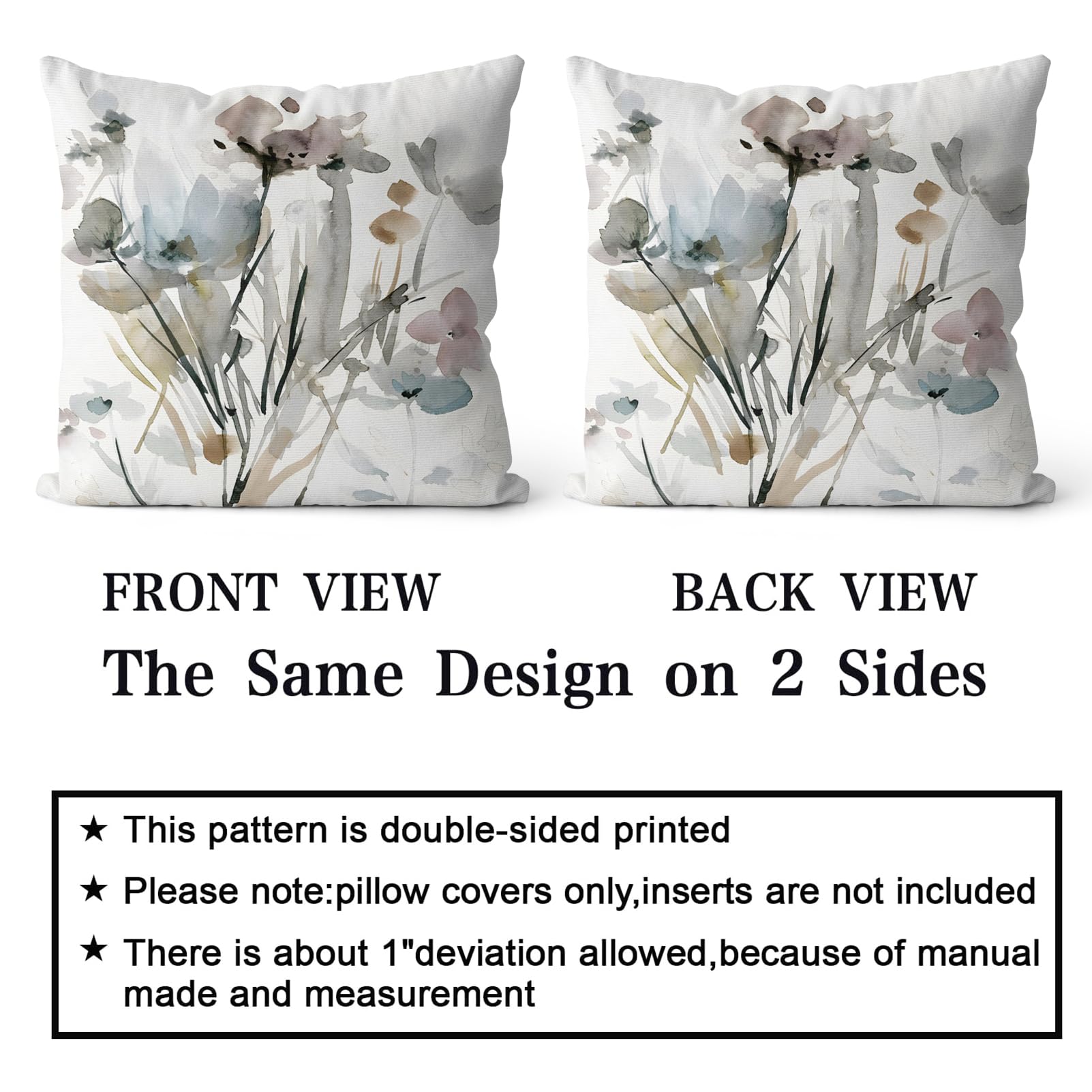 Snycler Brown Cream Grey Teal Floral Pillow Covers Watercolor Flower Couch Pillow Cases Rustic Abstract Modern Throw Pillows Set of 2 Farmhouse Home Decor for Room Bedroom Bed Cushion Outdoor 20x20''