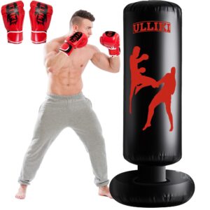 ulliki 65" punching bag for adults and kids with gloves - freestanding heavy boxing bag, inflatable boxing training equipment practice daily boxing activities for kids, men, women, boy, girl