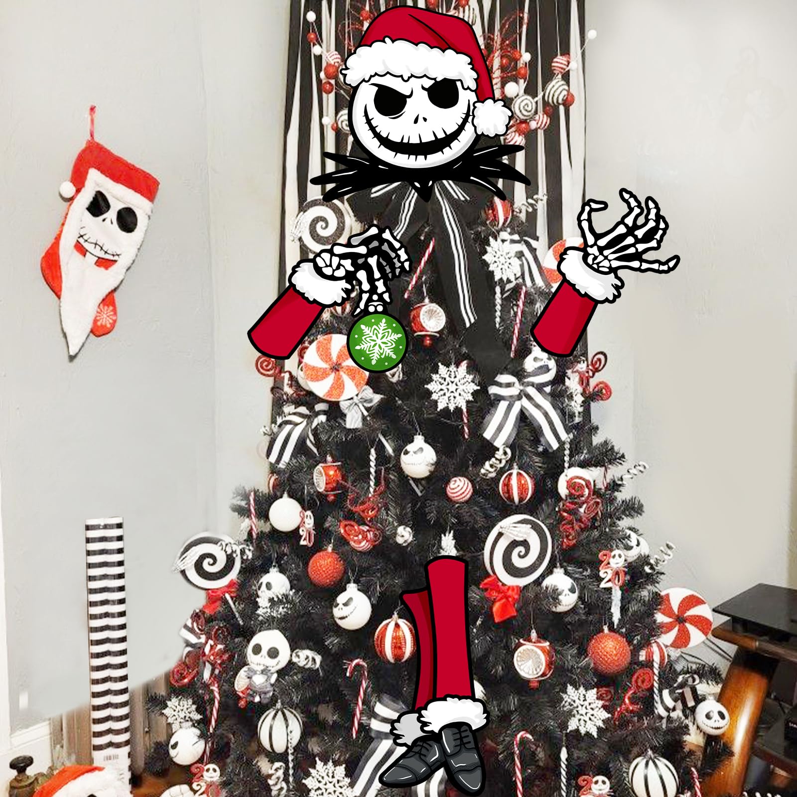 Auirre Jack Skellington Christmas Tree Topper Head Arms and Legs, Xmas Spooky Skull Decorative Tree Ornaments Decor, Funny Holiday Indoor Home Decorations Gothic Themed Party Supplies