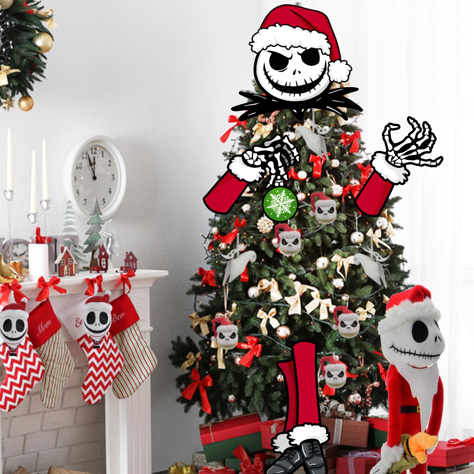 Auirre Jack Skellington Christmas Tree Topper Head Arms and Legs, Xmas Spooky Skull Decorative Tree Ornaments Decor, Funny Holiday Indoor Home Decorations Gothic Themed Party Supplies