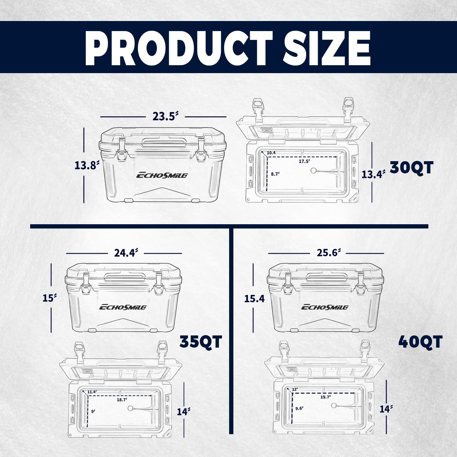 EchoSmile 25/30/35/40/75 Quart Rotomolded Cooler, 5 Days Protale Ice Cooler, Ice Chest Suit for BBQ, Camping, Pincnic, and Other Outdoor Activities (White, 30QT)