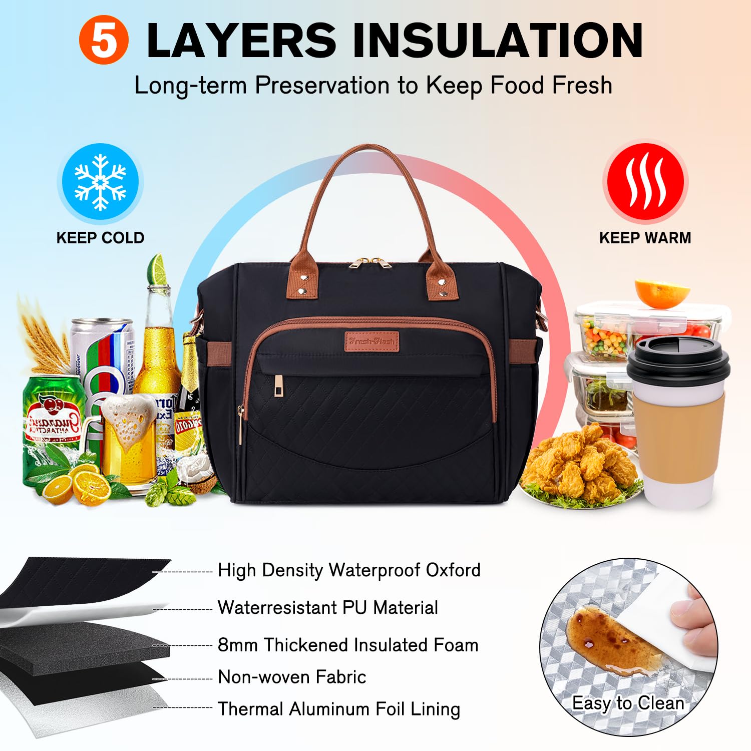 Fresh-flash Lunch Bag for Women, Large Insulated Lunch Box for Work Adults, Wide-Open Lunch Tote, Leakproof Lunch Cooler Bag with Removable Shoulder Strap & Side Pockets for Picnic, Camping-Black