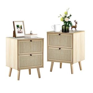 rattan nightstand set of 2, end table rattan bedside table side table with 2 hand made rattan decorated drawers wood accent table with storage 2-drawer for bedroom, living room, natural 2 pack