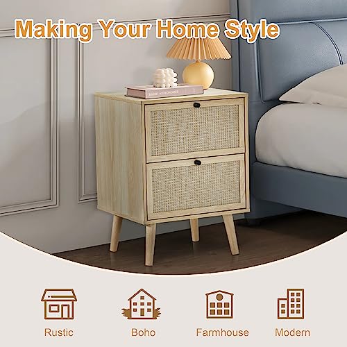 Rattan Nightstand Set of 2, End Table rattan bedside table Side Table with 2 Hand Made Rattan Decorated Drawers Wood Accent Table with Storage 2-Drawer for Bedroom, Living Room, Natural 2 Pack