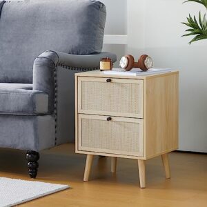 Rattan Nightstand Set of 2, End Table rattan bedside table Side Table with 2 Hand Made Rattan Decorated Drawers Wood Accent Table with Storage 2-Drawer for Bedroom, Living Room, Natural 2 Pack