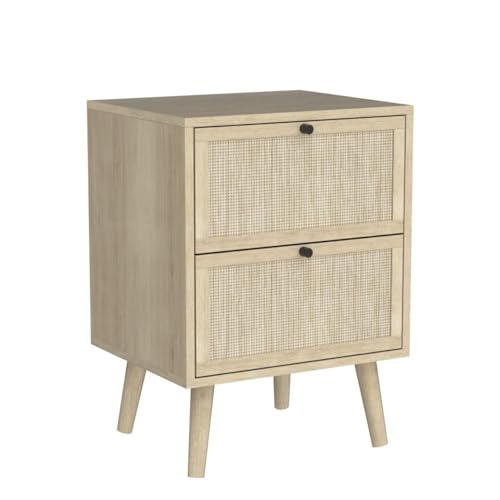 Rattan Nightstand Set of 2, End Table rattan bedside table Side Table with 2 Hand Made Rattan Decorated Drawers Wood Accent Table with Storage 2-Drawer for Bedroom, Living Room, Natural 2 Pack