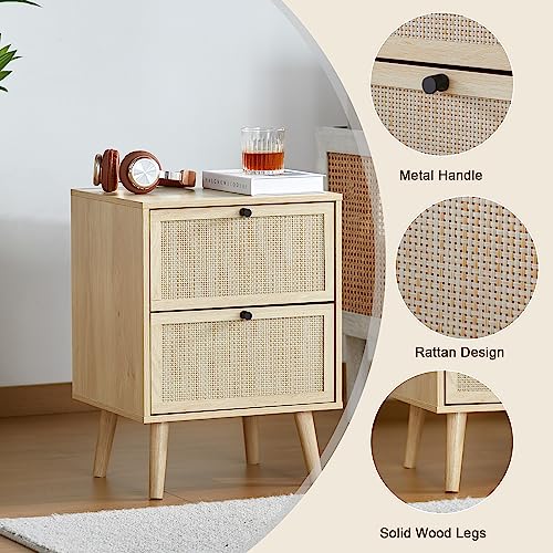 Rattan Nightstand Set of 2, End Table rattan bedside table Side Table with 2 Hand Made Rattan Decorated Drawers Wood Accent Table with Storage 2-Drawer for Bedroom, Living Room, Natural 2 Pack