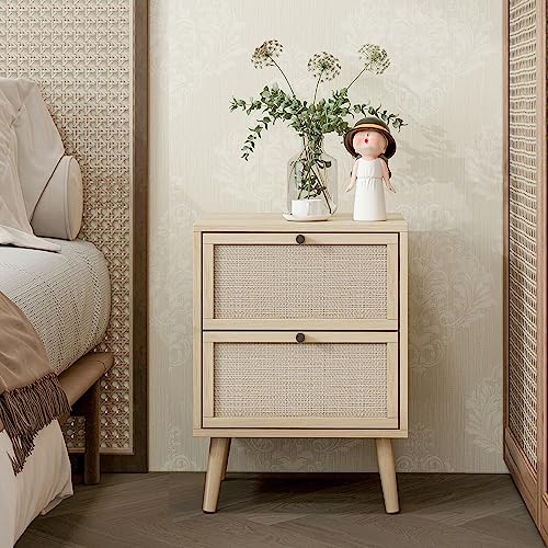 Rattan Nightstand Set of 2, End Table rattan bedside table Side Table with 2 Hand Made Rattan Decorated Drawers Wood Accent Table with Storage 2-Drawer for Bedroom, Living Room, Natural 2 Pack