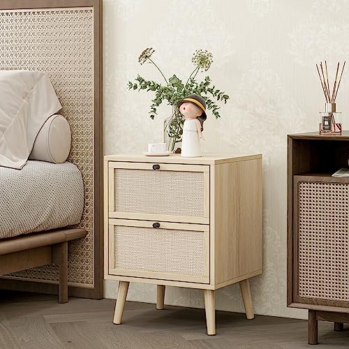 Rattan Nightstand Set of 2, End Table rattan bedside table Side Table with 2 Hand Made Rattan Decorated Drawers Wood Accent Table with Storage 2-Drawer for Bedroom, Living Room, Natural 2 Pack