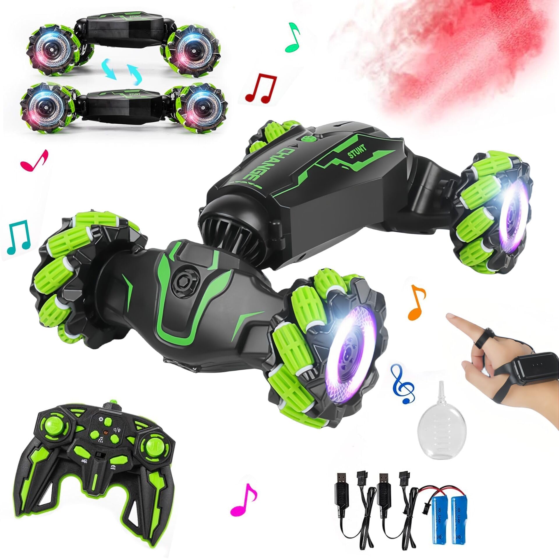 LOOZIX Upgraded Hand Gesture Sensing RC Stunt Car with Lights Music, Spray Fog Gesture RC Car Remote Controll Transformed Car 360° Spins All Terrains Monster Truck for Boys