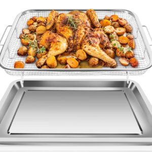 Air Fryer Basket for Oven Stainless Steel, 15 x 11 Inch Air Fryer Accessories Oven Rack and Crisper Tray, 2 Piece Nonstick Bacon Cooker Broiler Pan for Oven, Bakeware Sets Oven Rack set