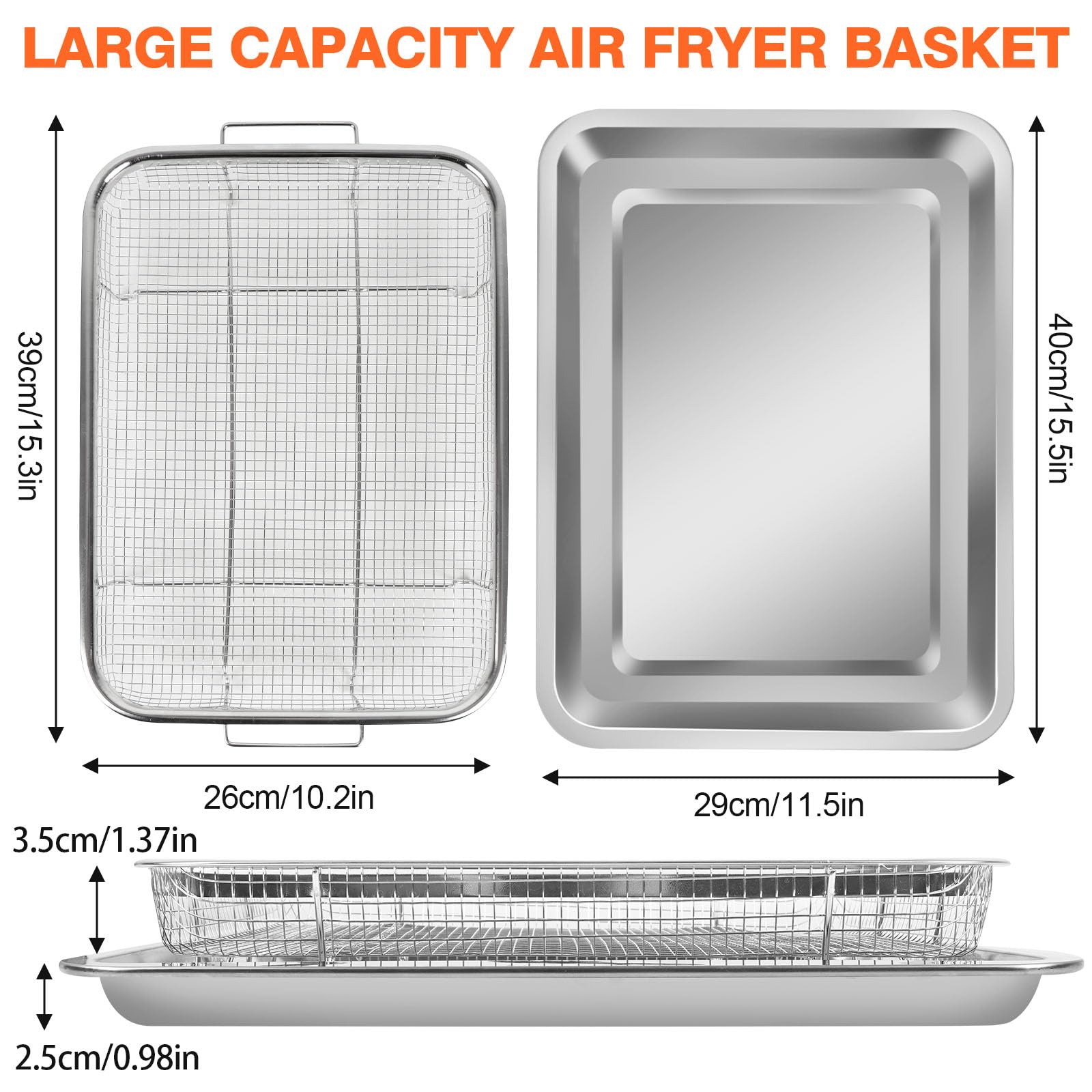 Air Fryer Basket for Oven Stainless Steel, 15 x 11 Inch Air Fryer Accessories Oven Rack and Crisper Tray, 2 Piece Nonstick Bacon Cooker Broiler Pan for Oven, Bakeware Sets Oven Rack set