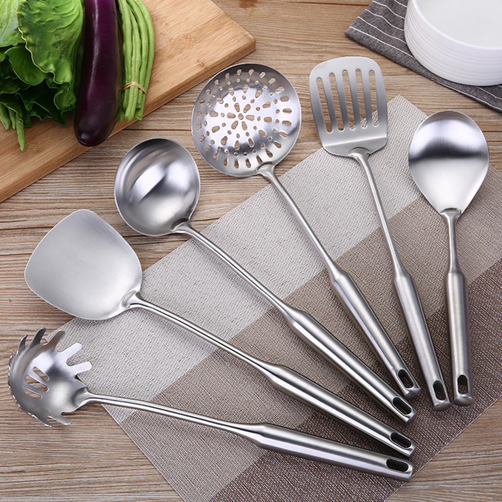 Cooking Utensils Set Stainless Steel Kitchen Metal Serving Utensils Set of 6 Pcs-Wok Spatula Ladle Set, Skimmer Slotted Spoon, Pasta Spoon, Serving Spoon, Slotted Spatula Tunner,Dishwasher Safe