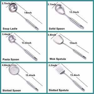 Cooking Utensils Set Stainless Steel Kitchen Metal Serving Utensils Set of 6 Pcs-Wok Spatula Ladle Set, Skimmer Slotted Spoon, Pasta Spoon, Serving Spoon, Slotted Spatula Tunner,Dishwasher Safe