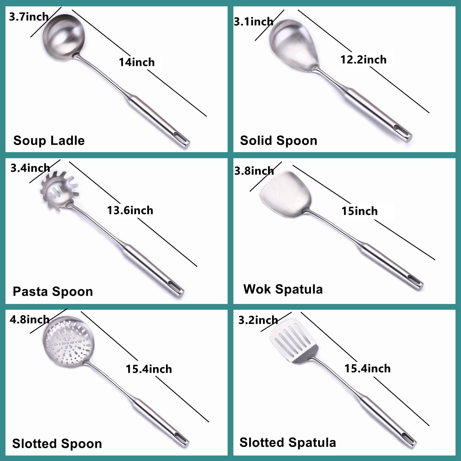 Cooking Utensils Set Stainless Steel Kitchen Metal Serving Utensils Set of 6 Pcs-Wok Spatula Ladle Set, Skimmer Slotted Spoon, Pasta Spoon, Serving Spoon, Slotted Spatula Tunner,Dishwasher Safe