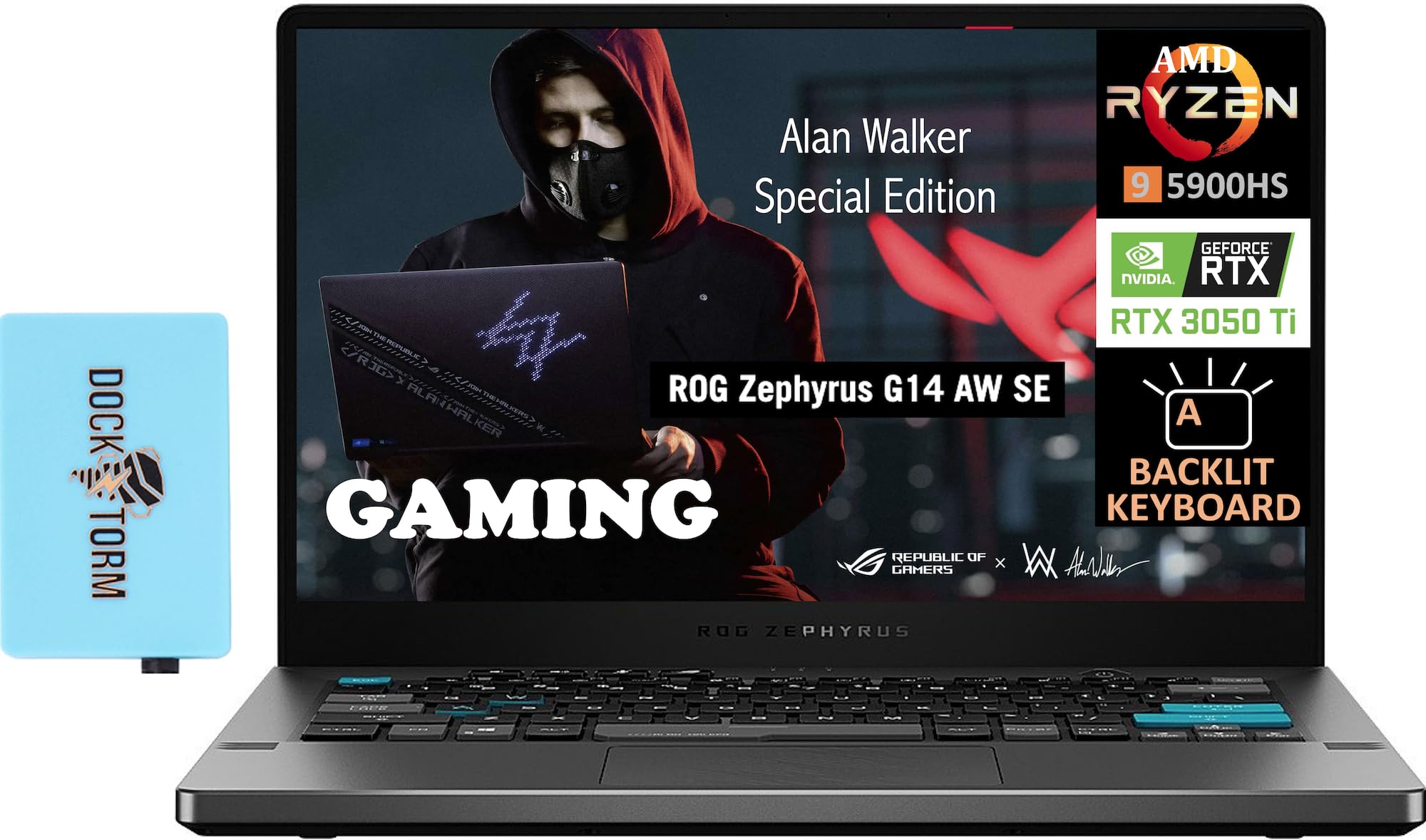 ASUS ROG Zephyrus G14 Alan Walker Special Edition 14.0" 120Hz 2K QHD Gaming Laptop (AMD Ryzen 9 5900HS, 40GB RAM, 2TB PCIe SSD, GeForce RTX 3050 Ti 4GB, Backlit KYB, WiFi 6, BT 5.2, Win 11 Pro) W/Hub