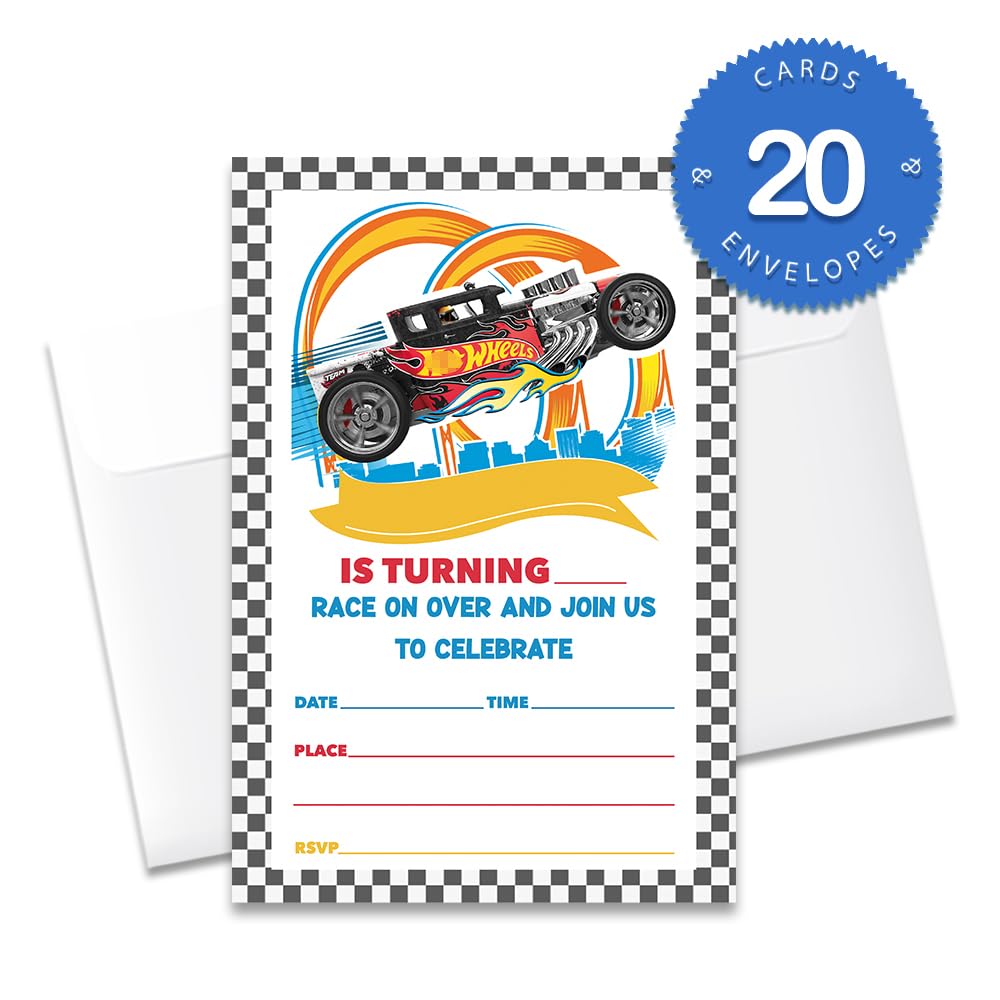 20 Hot Cars Birthday Party Invitations Cards with Envelopes 4"x6" - Red Hot Race Car Themed Birthday Party Supplies, Wheels Party Invitations, Decorations, Favors for Boys Girls Kids Teens. (044)