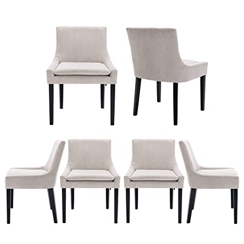 COLAMY Modern Dining Chairs Set of 6, Upholstered Corduroy Accent Side Leisure Chairs with Mid Back and Wood Legs for Living Room/Dining Room-Beige