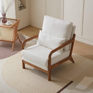 Hommoo Mid Century Modern Accent Chair Teddy Sherpa Upholstered Armchair Cream Accent Chair for Living Room Bedroom Comfortable Leisure Chair with Wood Frame White