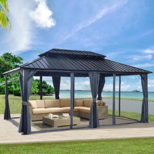 goohome 12 x 18ft hardtop gazebo, aluminum frame double roof gazebo canopy with mosquito net and curtains, outdoor permanent hard top waterproof pergola for shade and rain for lawn, backyard, patio