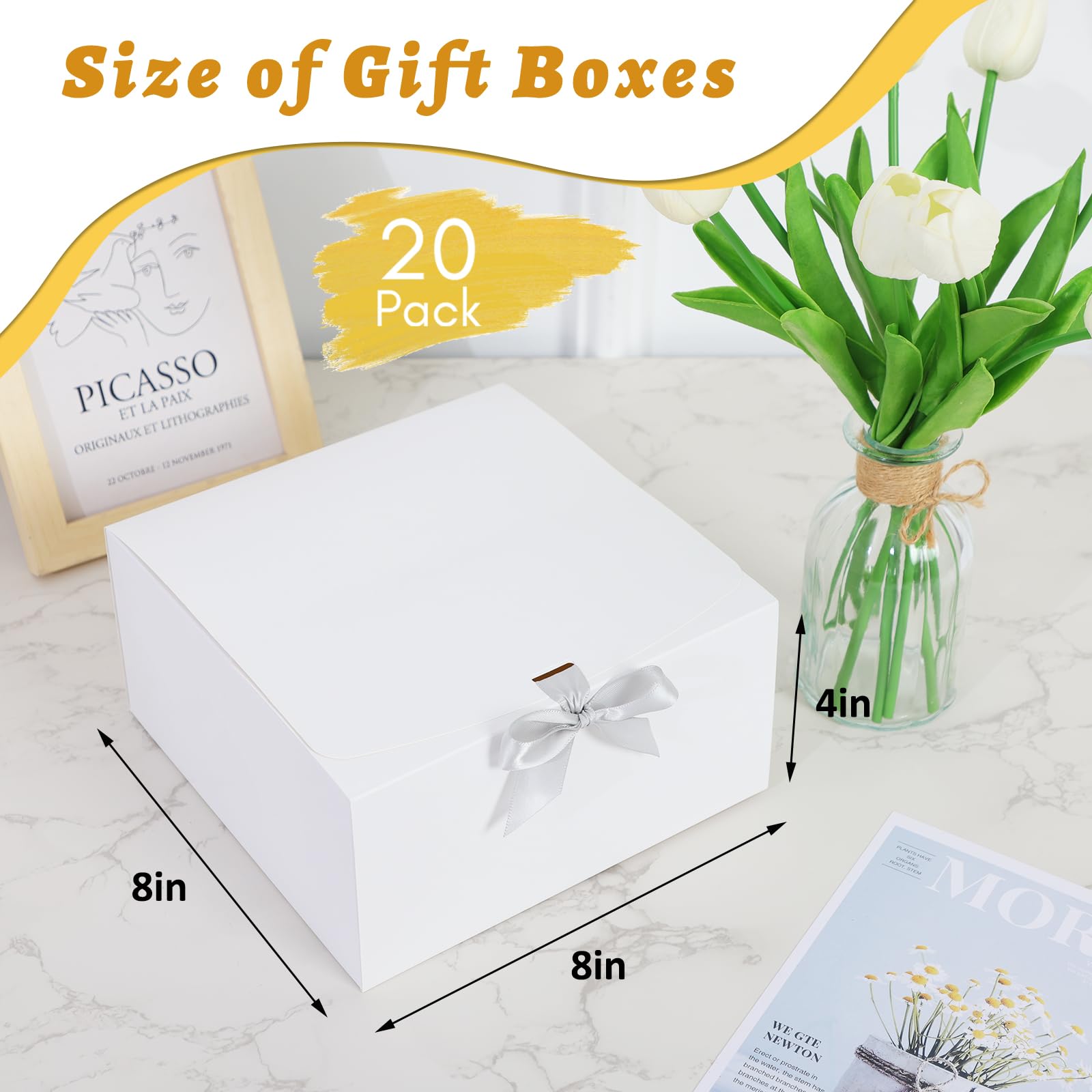 Moretoes 20 Pack Gift Boxes, 8x8x4 Inch White Gift Boxes with Lids, Bridesmaid Proposal Box with Ribbon