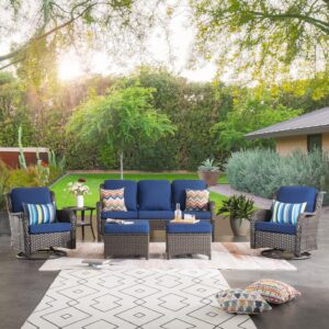 ovios patio furniture set, 6 piece outdoor wicker high back sofa with swivel rocking chairs, ottomans, comfy cushions, all weather conversation set, brown rattan navy blue