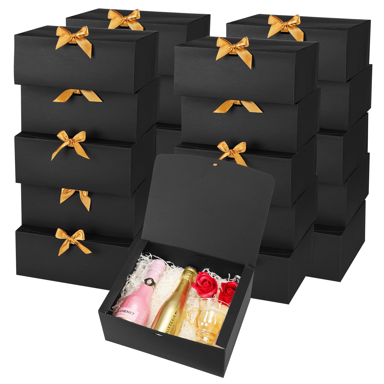 Moretoes 20 Pack Gift Boxes with Lids for Presents, Black 10x8x4 Inch Bridesmaid Proposal Box with Ribbon, Large Paper Boxes for Snacks, Candy, Toys, Birthday Party, Wedding, Halloween, Christmas