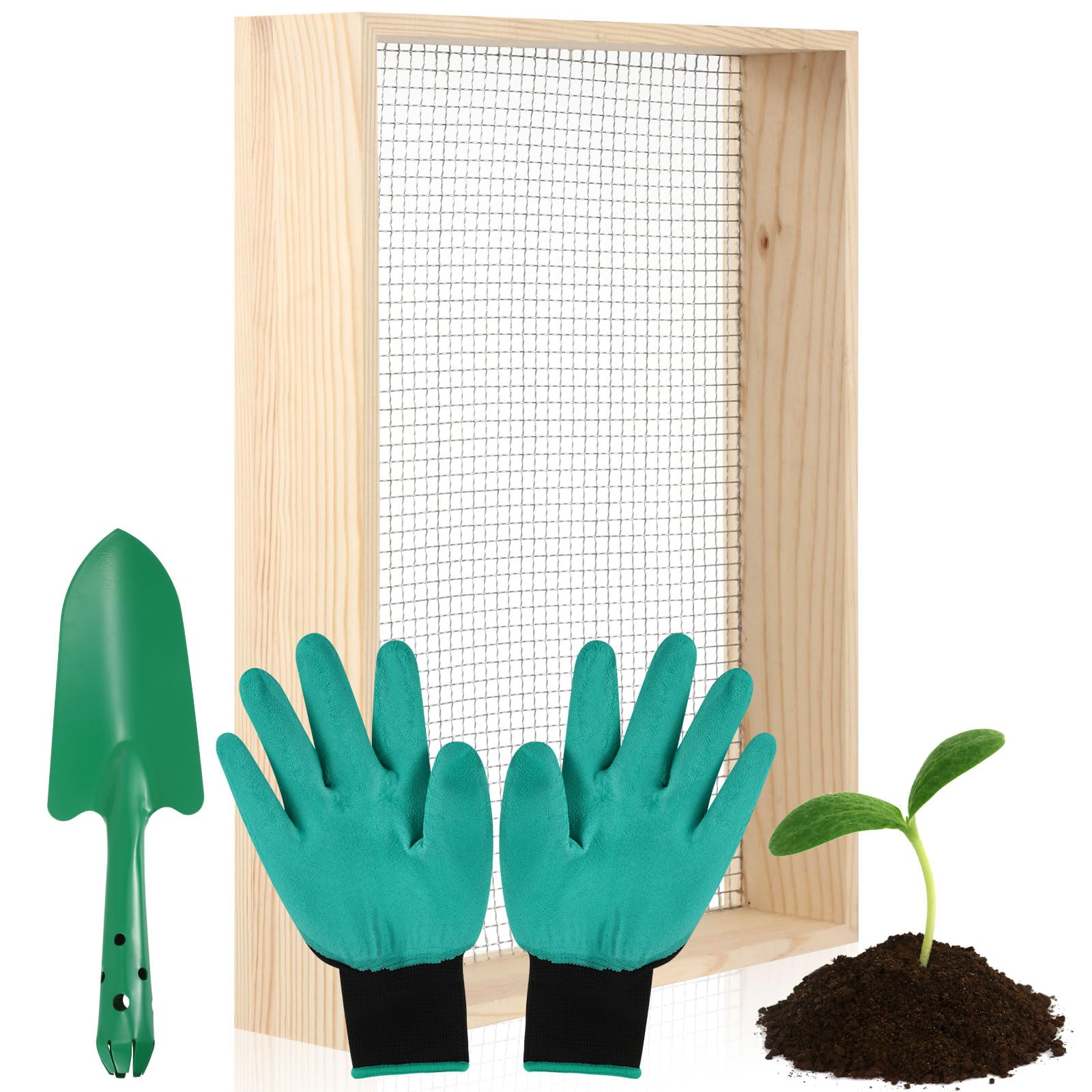 Sliner Rock Sifter Dirt Sifter Wood Hand Held Soil Screen Compost Sifter Gardening Stainless Steel Soil Sieve with Gloves and Shovel for Bonsai Plants Vegetables Sand Leaves Worm Gardening Tools