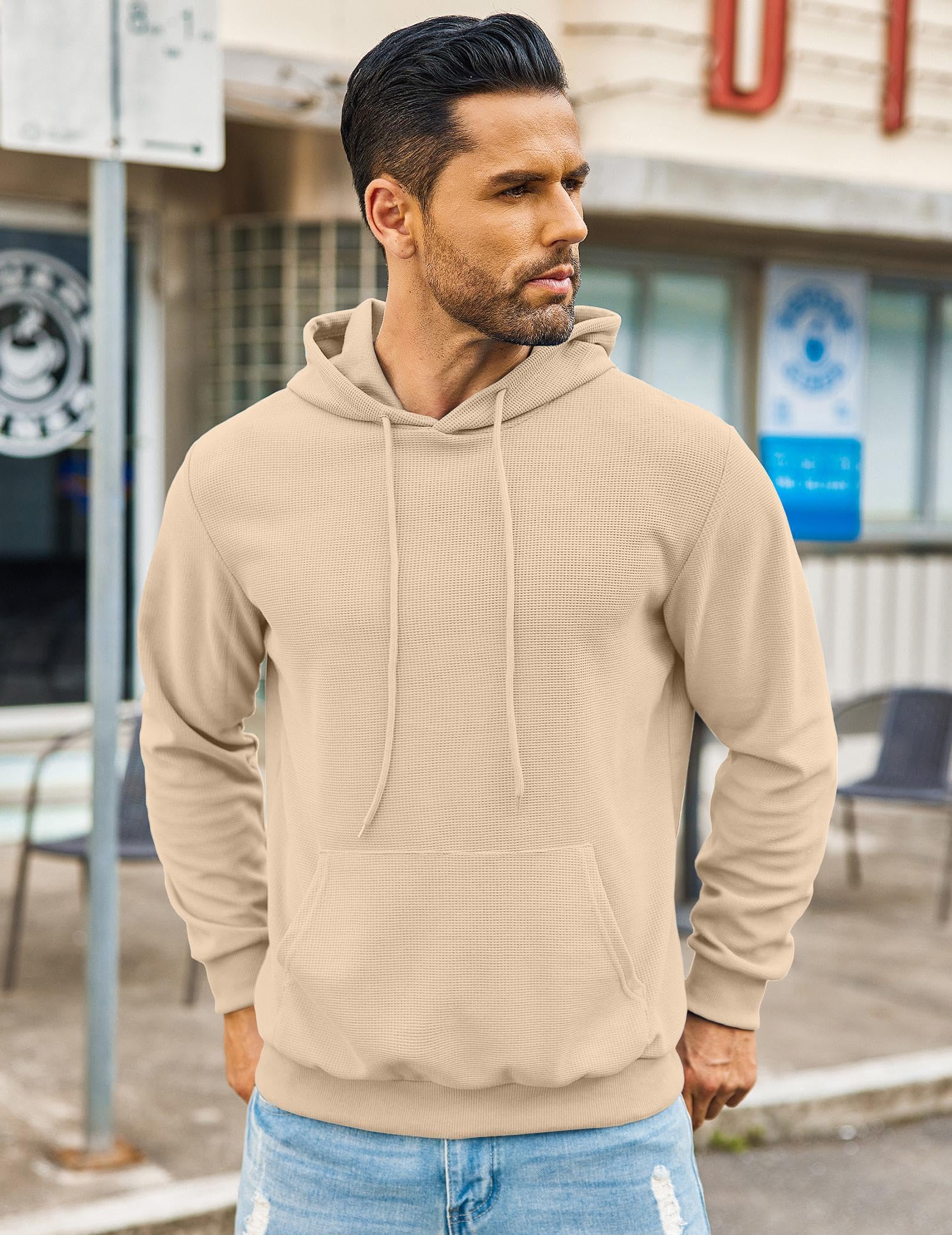 COOFANDY Men's Casual Hoodie Hipster Tactical Sweatshirt Athletic Pullover Hooded Sweatshirt Khaki