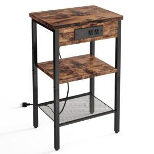 fixwal side table, night stand with charging station, 3-tier end table with storage shelf, side table for living room, bedroom, rustic brown and black