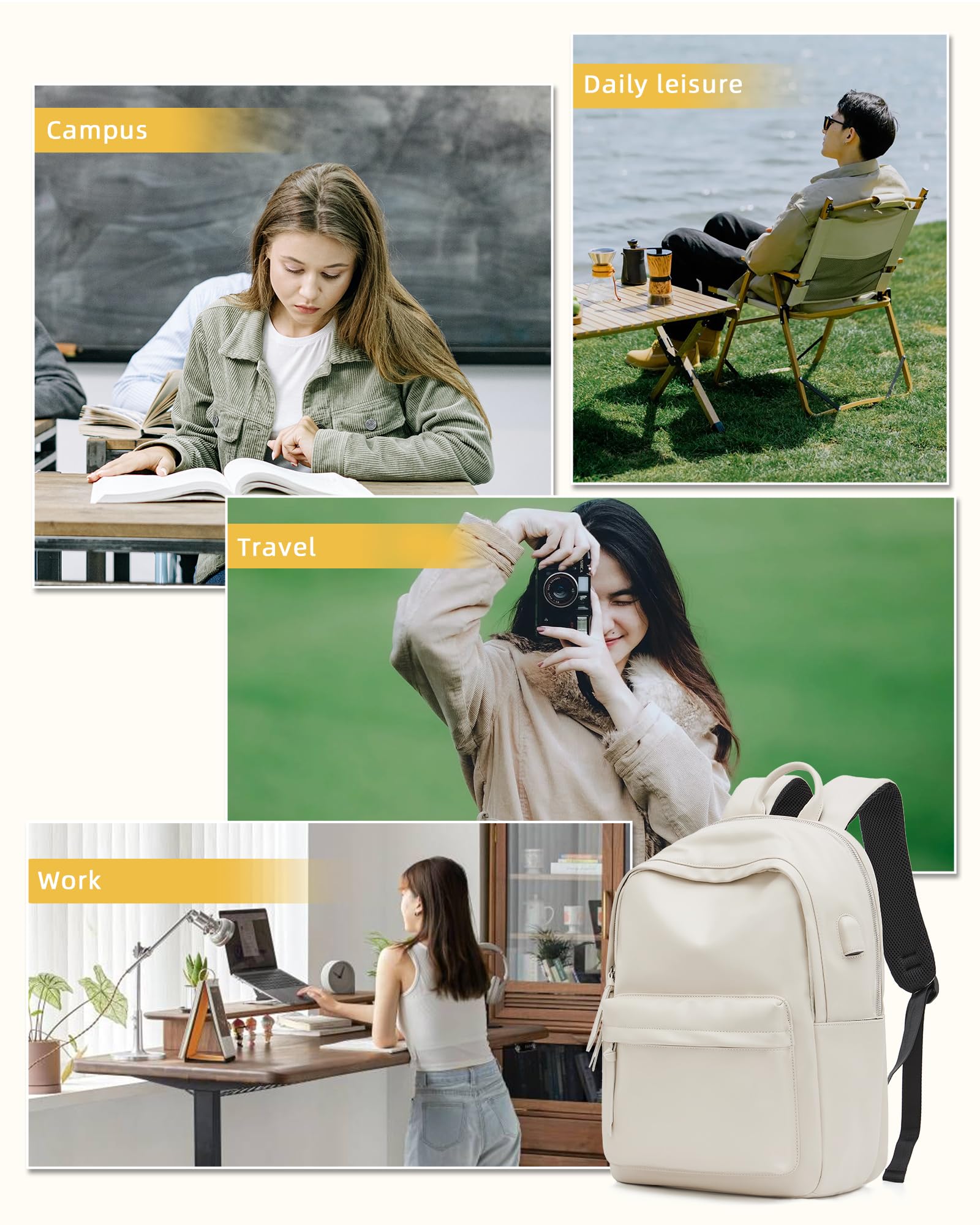 VECAVE Lightweight Backpack for Women Men,Travel Casual Daypack Laptop Rucksack, Waterproof College High Secondary Bookbag PU Leather Computer Laptop Bag Beige