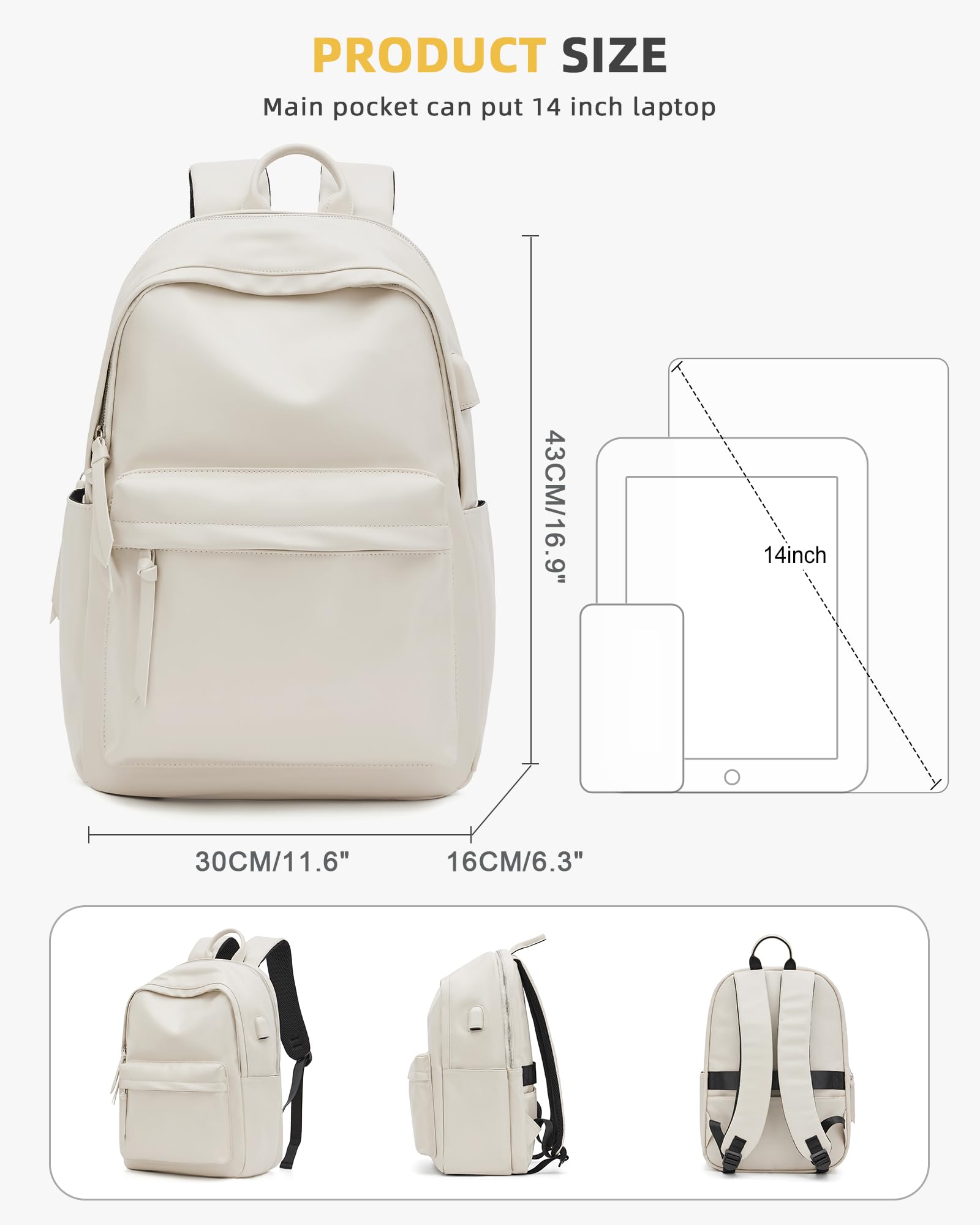 VECAVE Lightweight Backpack for Women Men,Travel Casual Daypack Laptop Rucksack, Waterproof College High Secondary Bookbag PU Leather Computer Laptop Bag Beige