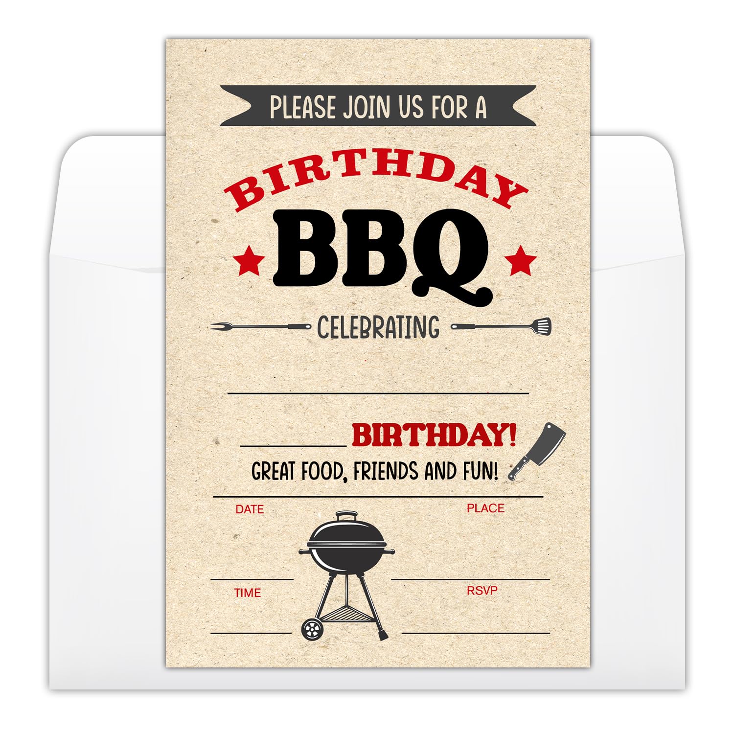 YUEXLL BBQ Cookout Birthday Party Invitations Cards with Envelopes, Barbecue Party Invitations, Birthday Celebration Supplies, Double-sided Fill-in bday Invites for Boys Girls - C06