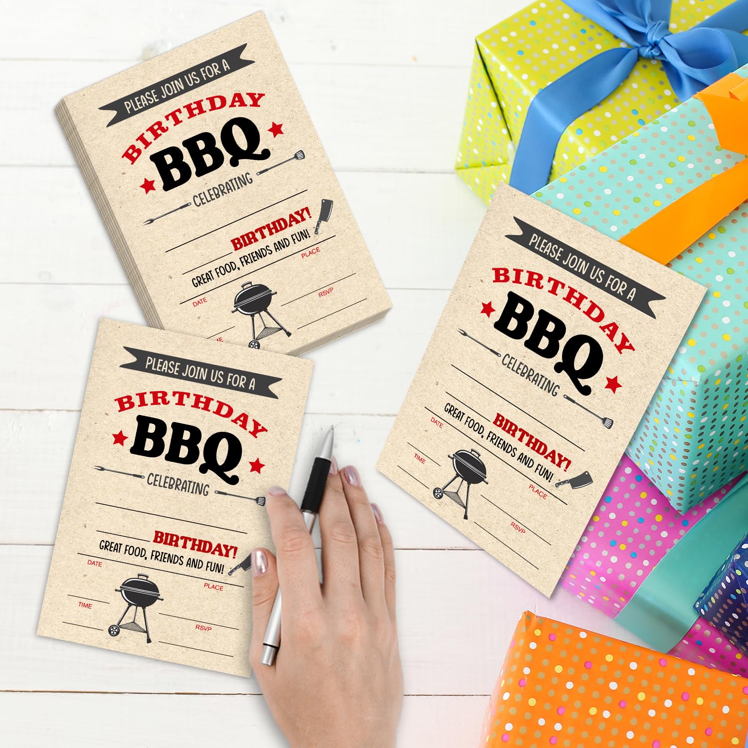 YUEXLL BBQ Cookout Birthday Party Invitations Cards with Envelopes, Barbecue Party Invitations, Birthday Celebration Supplies, Double-sided Fill-in bday Invites for Boys Girls - C06