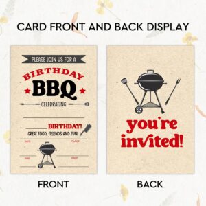 YUEXLL BBQ Cookout Birthday Party Invitations Cards with Envelopes, Barbecue Party Invitations, Birthday Celebration Supplies, Double-sided Fill-in bday Invites for Boys Girls - C06