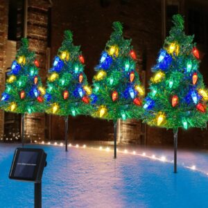 Christmas Decorations Outside 4 Sets Solar Christmas Tree with 80pcs Multicolor C6 Led Lights 8 Lighting Modes Waterproof Pathway Lights for Outdoor Garden and Yard