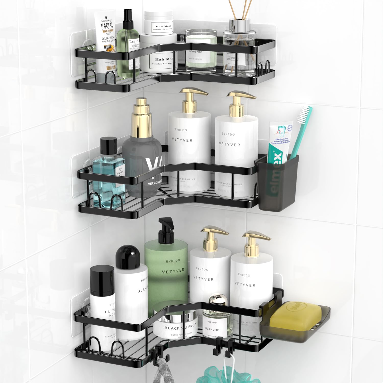 AKTECKE Corner Shower Caddy Bathroom Organizer Adhesive Shower Rack Bathtub Shelves - 3Pack No Drilling Shower Shelf for Inside Shower - Rustproof Bath Tub Organizer