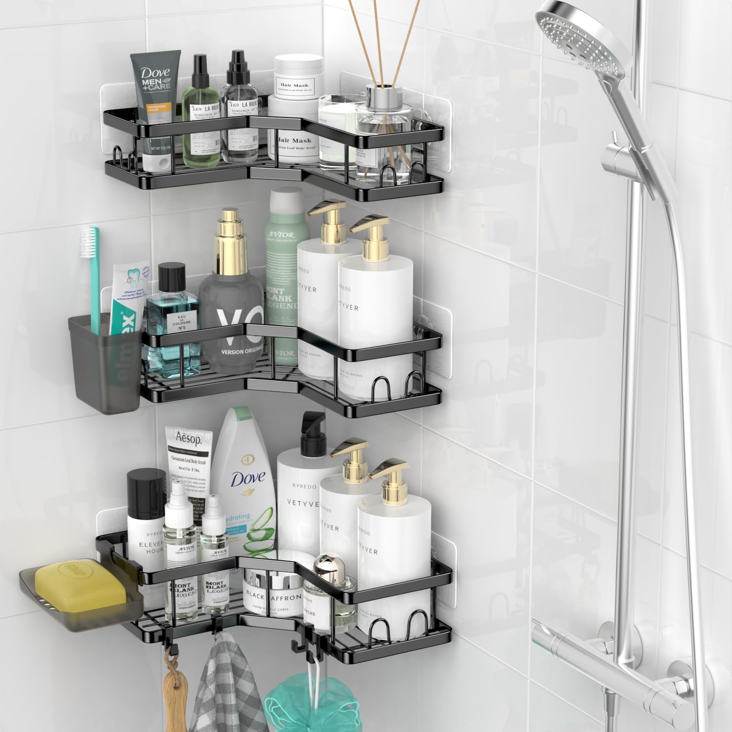 AKTECKE Corner Shower Caddy Bathroom Organizer Adhesive Shower Rack Bathtub Shelves - 3Pack No Drilling Shower Shelf for Inside Shower - Rustproof Bath Tub Organizer