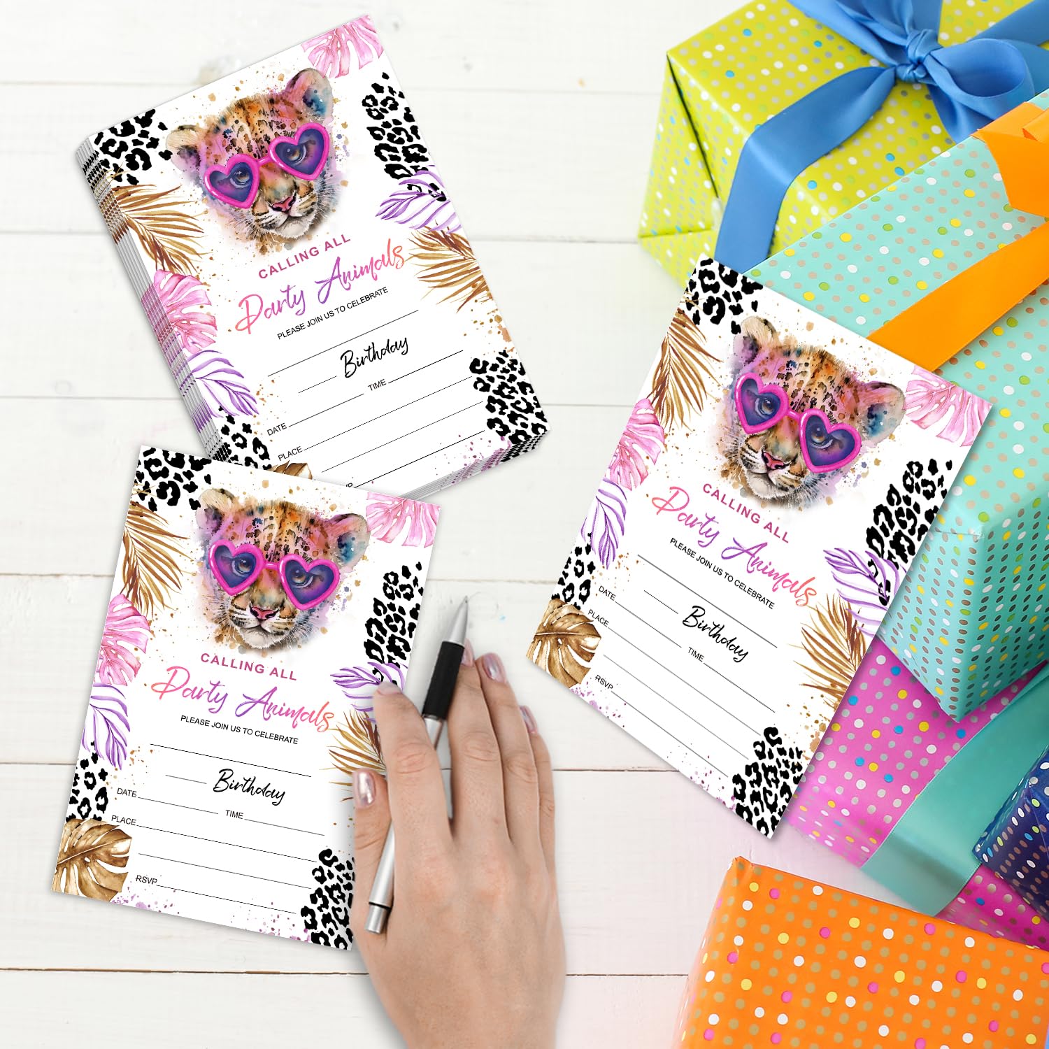 Calling All Party Animal Birthday Party Invitation Cards with Envelopes, Safari Leopard Print Party Invitations, Birthday Celebration Supplies, Double-sided Fill-in bday Invites for Boys Girls - C01