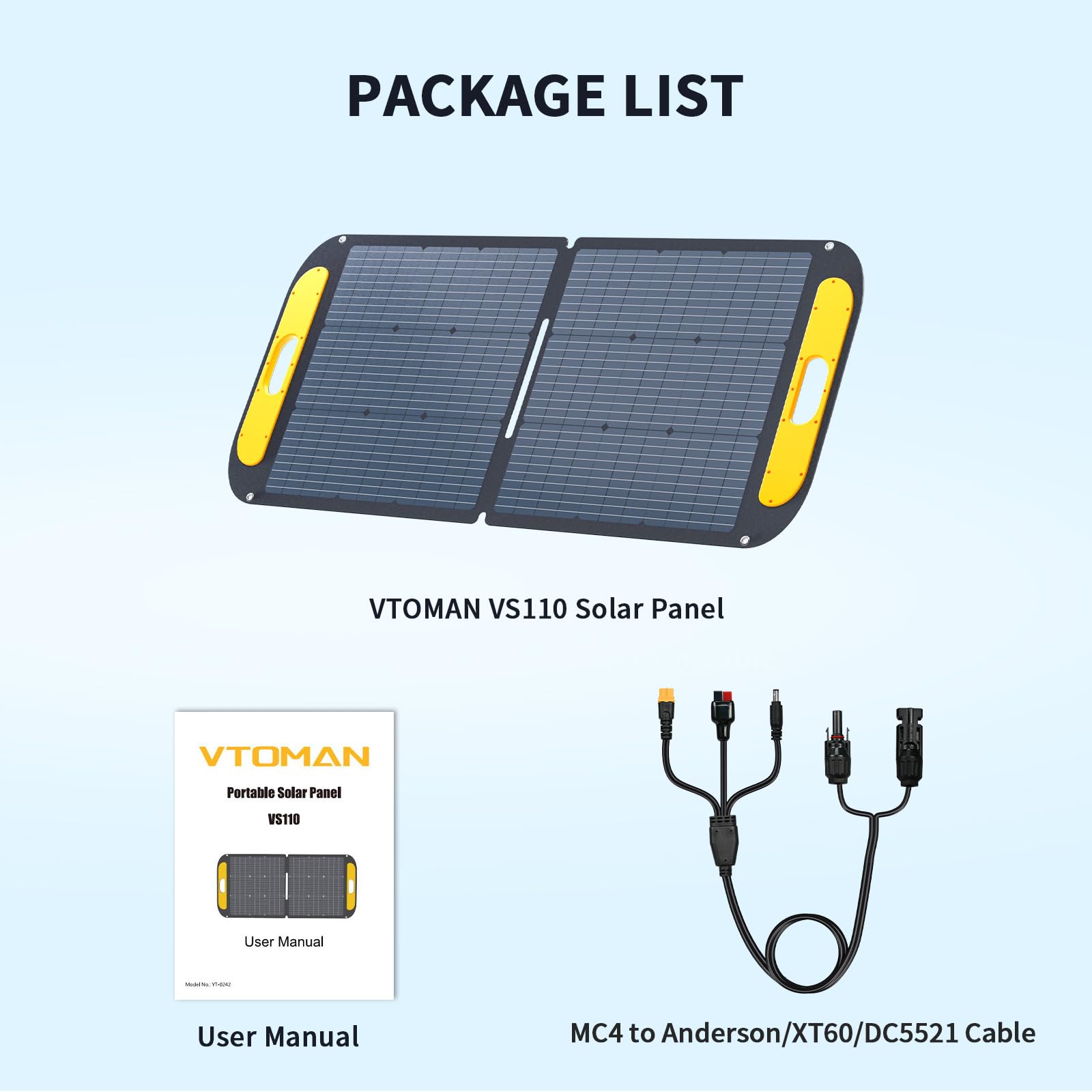 VTOMAN Portable Solar Panel for Solar Generator, 110W 19V Folding Solar Charger with 23% Efficiency, IP67 Waterproof and Adjustable Kickstands Design for Camping, RV, Outdoor Adventures (VS110)