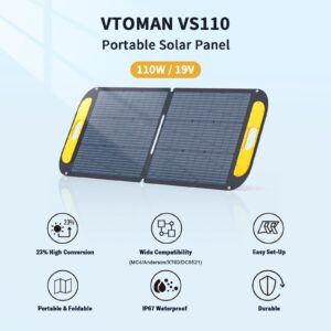 VTOMAN Portable Solar Panel for Solar Generator, 110W 19V Folding Solar Charger with 23% Efficiency, IP67 Waterproof and Adjustable Kickstands Design for Camping, RV, Outdoor Adventures (VS110)