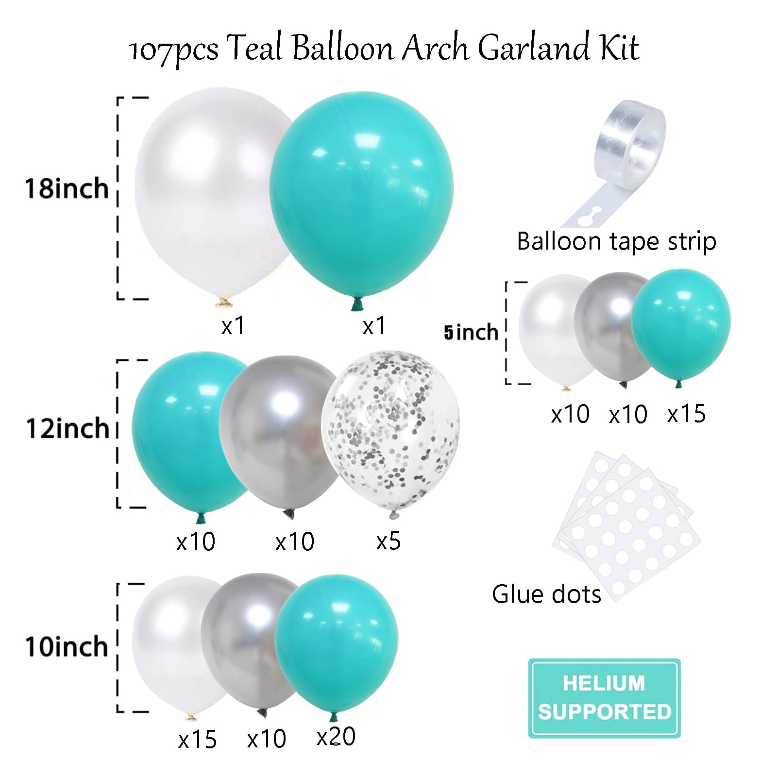 AIOZX Teal Balloons Garland Arch Kit, 107pcs Teal Blue Silver White Balloons Turquoise Balloons for Baby Shower Wedding Anniversary Gender Reveal Birthday Party Decoration