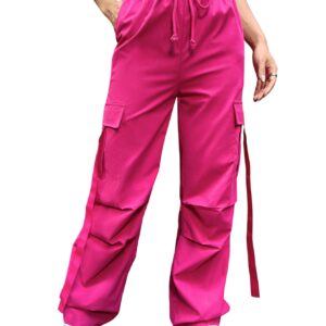 SweatyRocks Women's Casual Drawstring Waist Solid Cargo Pants High Waist Long Pants with Flap Pockets Hot Pink S