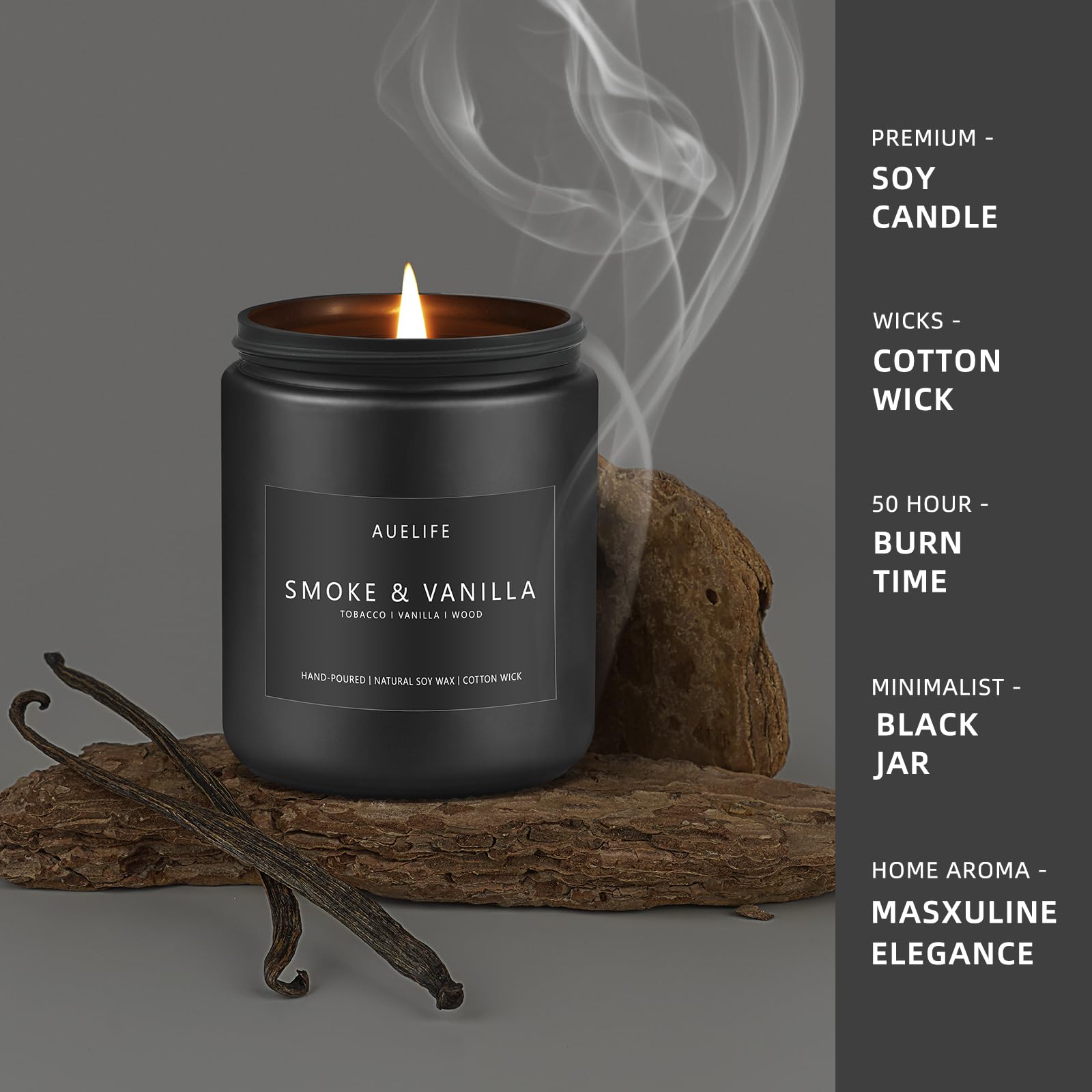 Scented Candles for Men | Smoke & Vanilla Scented Candle - Candle for Men, Men Candles for Home Scented, Candle Gifts for Him/Friend, Aromatherapy Candle in Black Jar