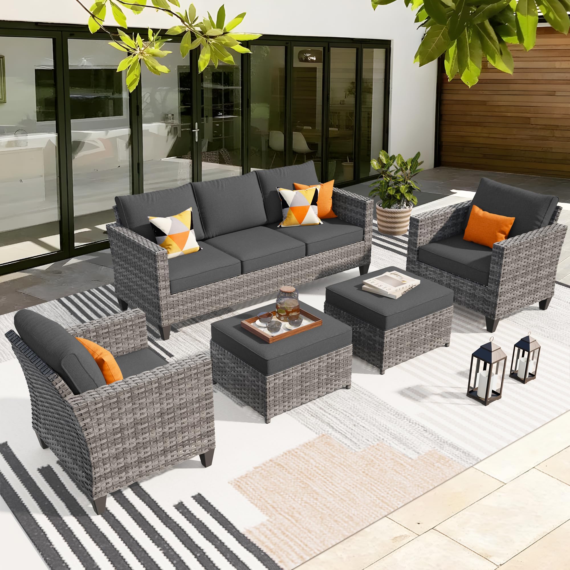 ovios Patio Furniture Set, 5 Pieces Outdoor Wicker Rattan Sofa Couch with Chairs, Ottomans and Comfy Cushions, All Weather High Back Conversation Set Garden Backyard, Black