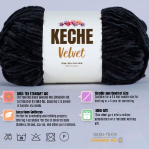 Keche Velvet Yarn for Crocheting, Soft Chenille Bulky Baby Blanket Amigurumi Yarn 100 gr (132 yds) - Black