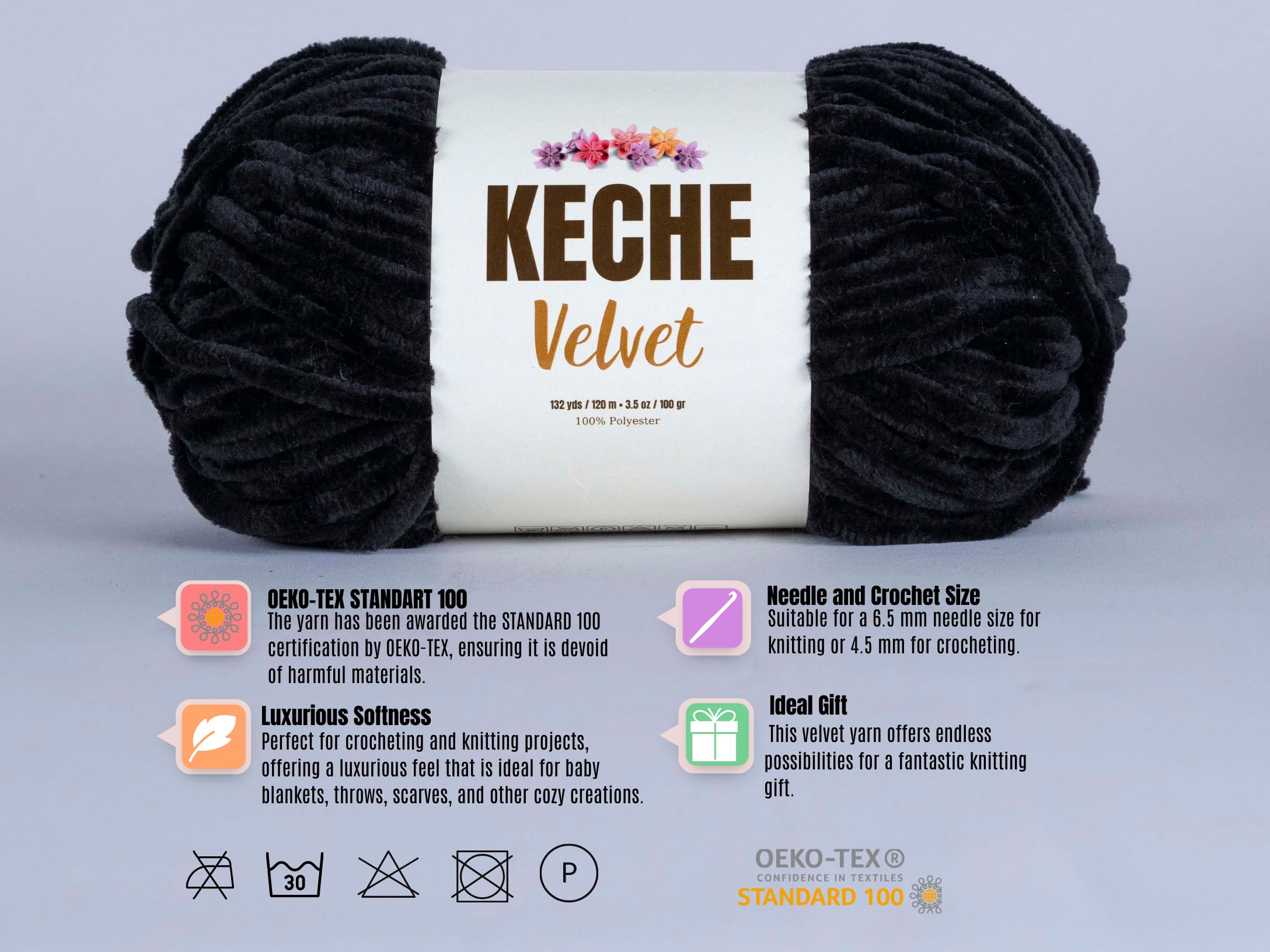 Keche Velvet Yarn for Crocheting, Soft Chenille Bulky Baby Blanket Amigurumi Yarn 100 gr (132 yds) - Black