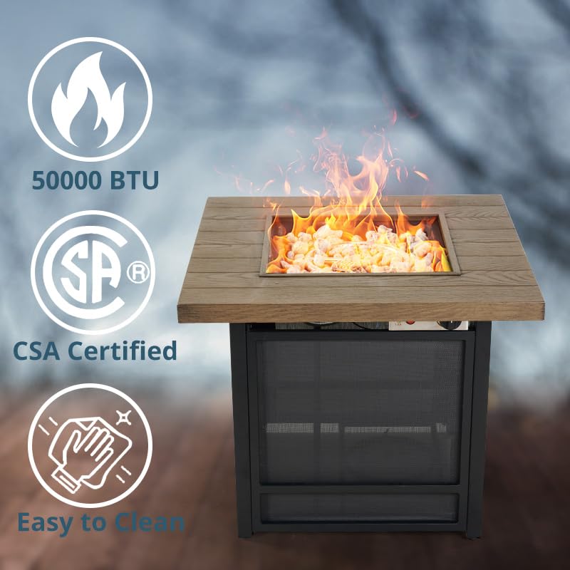 Fire Pit Table, Propane Firepit Outdoor Gas Fire Pits Clearance, 50,000 BTU with Woodgrain Tabletop, Lid, Lava Rocks for Outside Patio, Garden, Deck, Yard