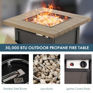 Fire Pit Table, Propane Firepit Outdoor Gas Fire Pits Clearance, 50,000 BTU with Woodgrain Tabletop, Lid, Lava Rocks for Outside Patio, Garden, Deck, Yard